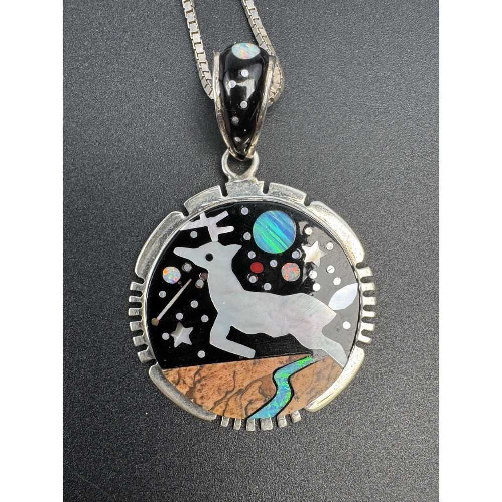 Sheryl Martinez Navajo Sterling Micro Inlay Night Sky Deer Pendant 24in
